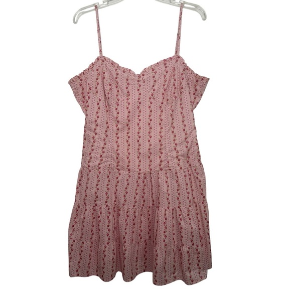 SOLD BETSEY JOHNSON Ditsy Floral Tiered Mini Dress Size XL Pink Cotton Poplin - Picture 3 of 11